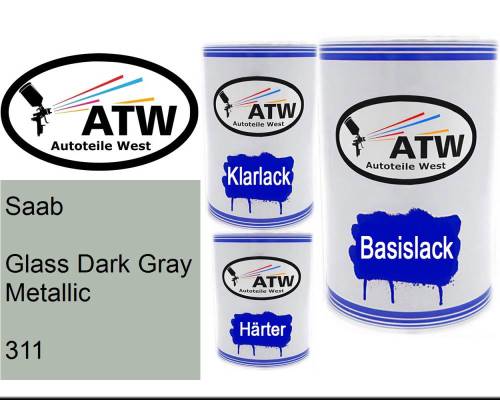 Saab, Glass Dark Gray Metallic, 311: 500ml Lackdose + 500ml Klarlack + 250ml Härter - Set, von ATW Autoteile West.